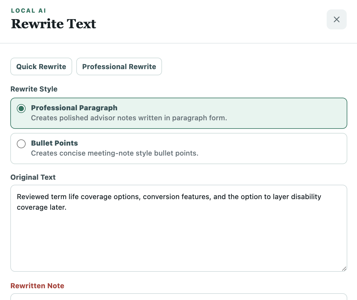 Local AI Rewrite dialog focused on rewrite style and the original client note