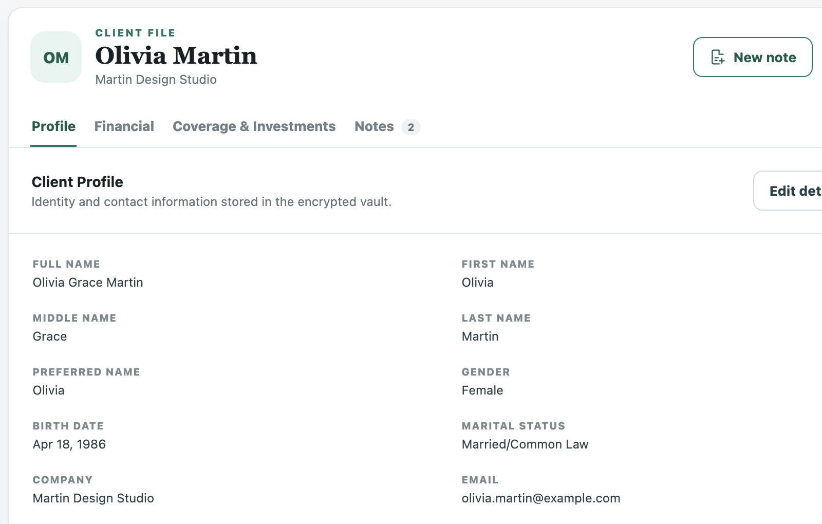 Mynos client profile focused on Olivia Martin's identity details and profile navigation