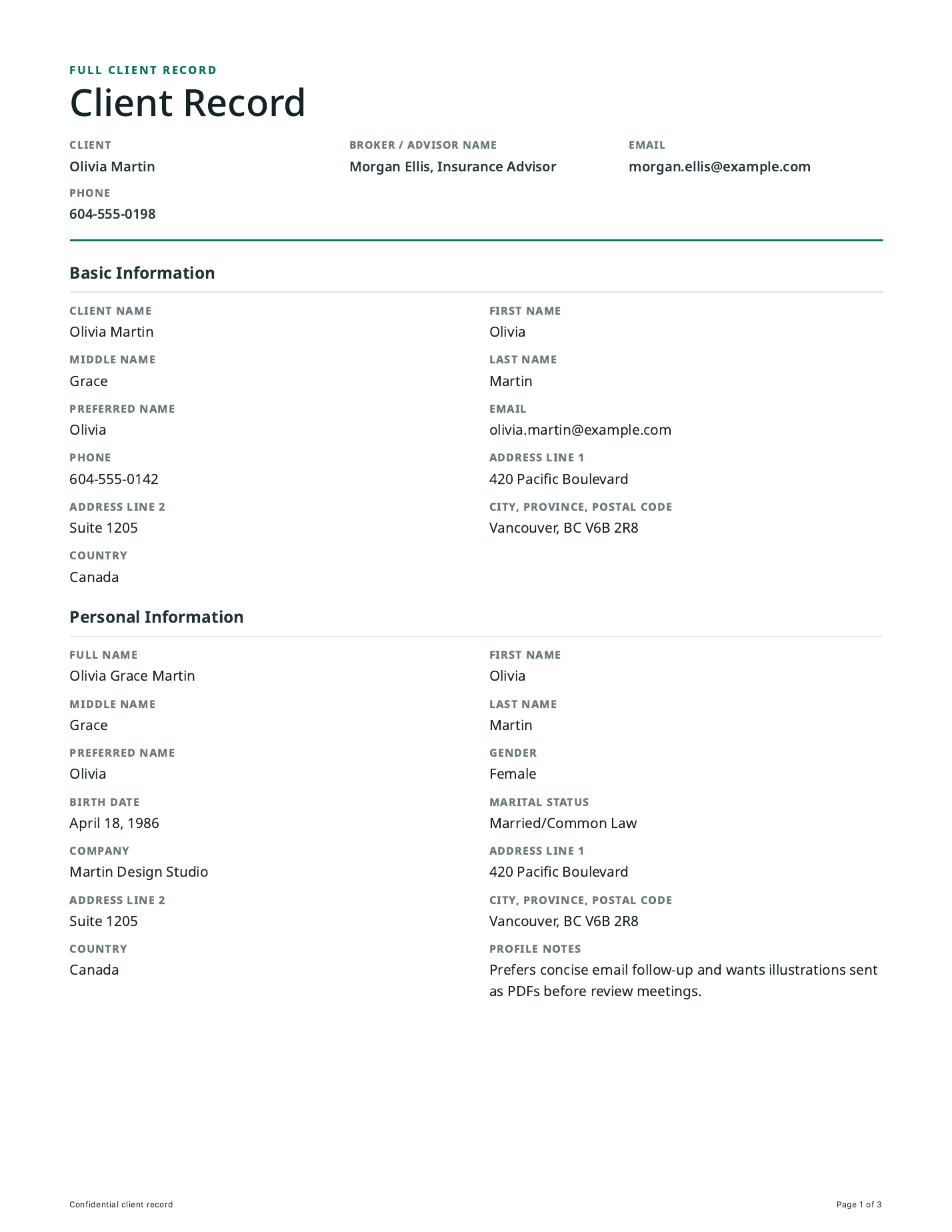 First page of an actual generated Mynos PDF client record for Olivia Martin