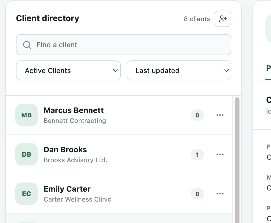 Close-up of client search, Active Clients filtering, and Last updated sorting