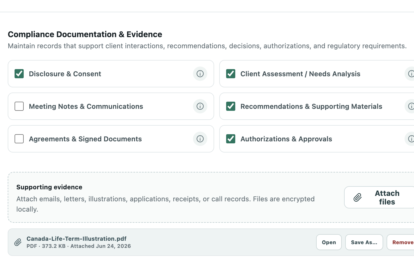 Close-up of compliance evidence categories and supporting documents in a detailed note