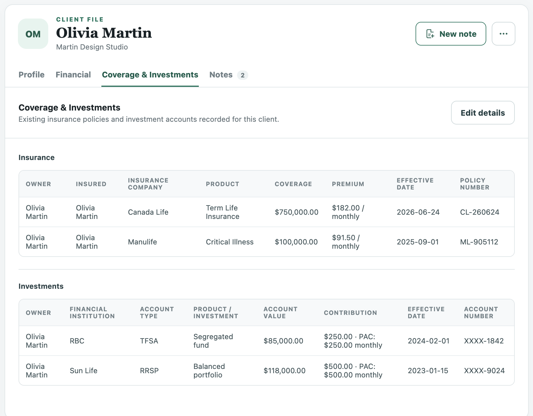 Mynos client window showing insurance policies and investment accounts together