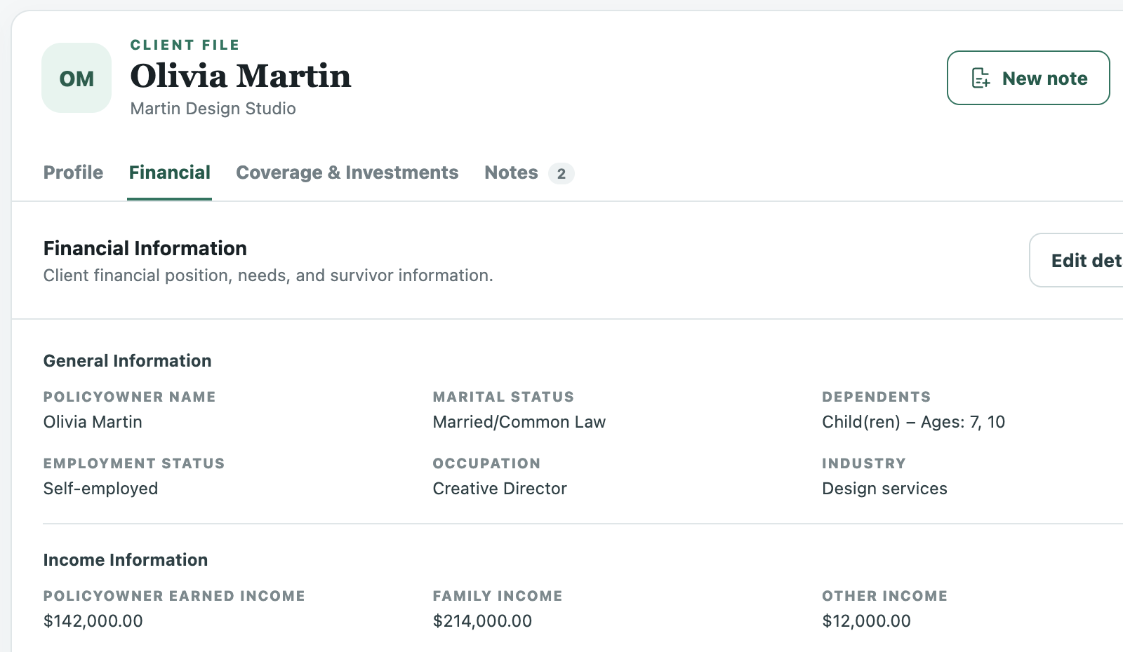 Focused Financial Information view showing family context, income, and budget details