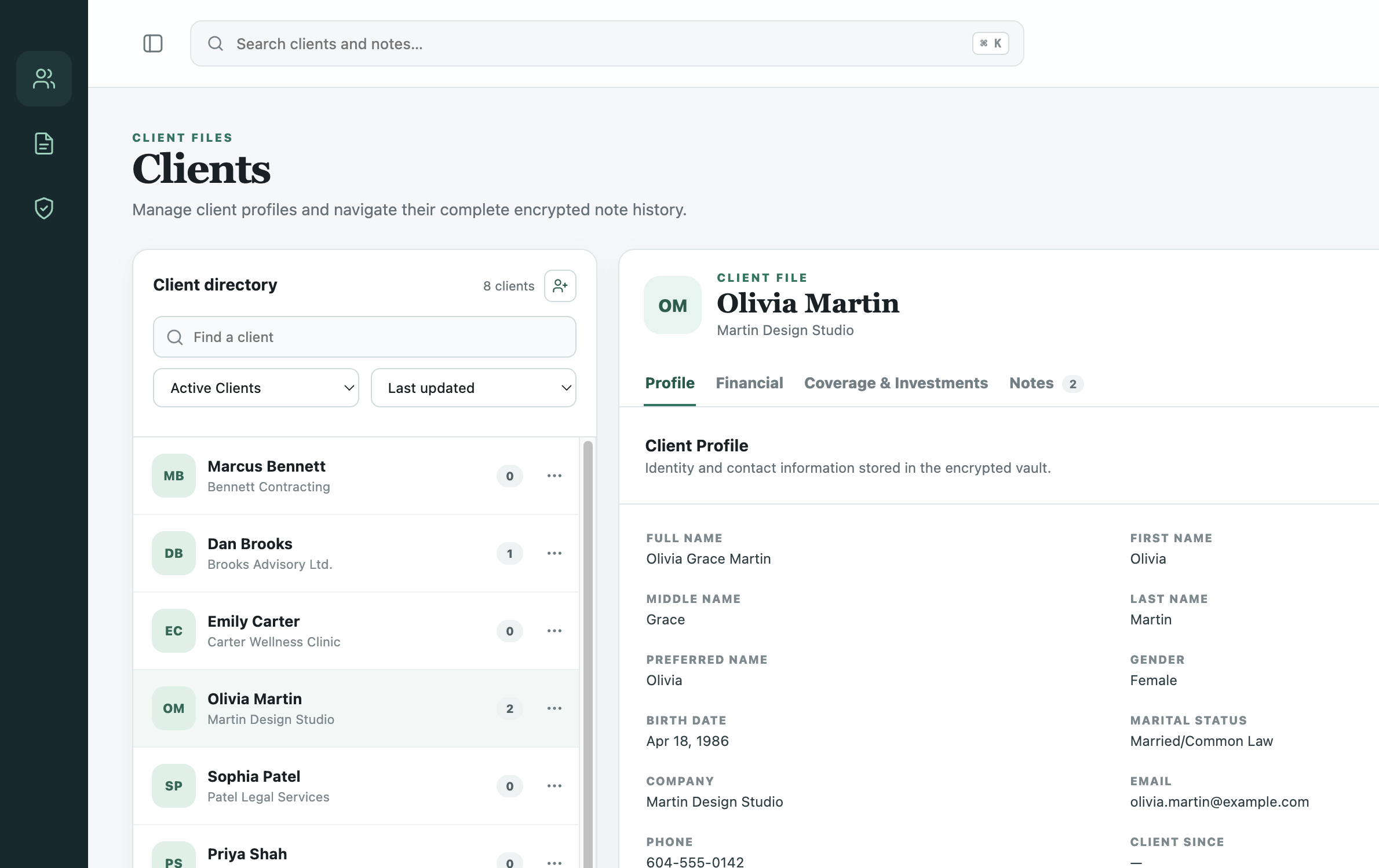 Mynos desktop workspace showing the global search bar, client directory, and Olivia Martin's active client record