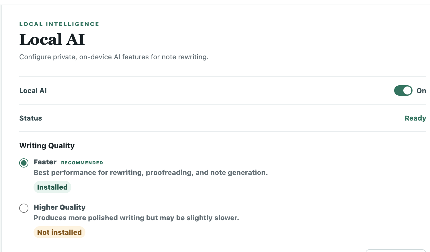 Close-up of Local AI settings showing on-device status and writing quality