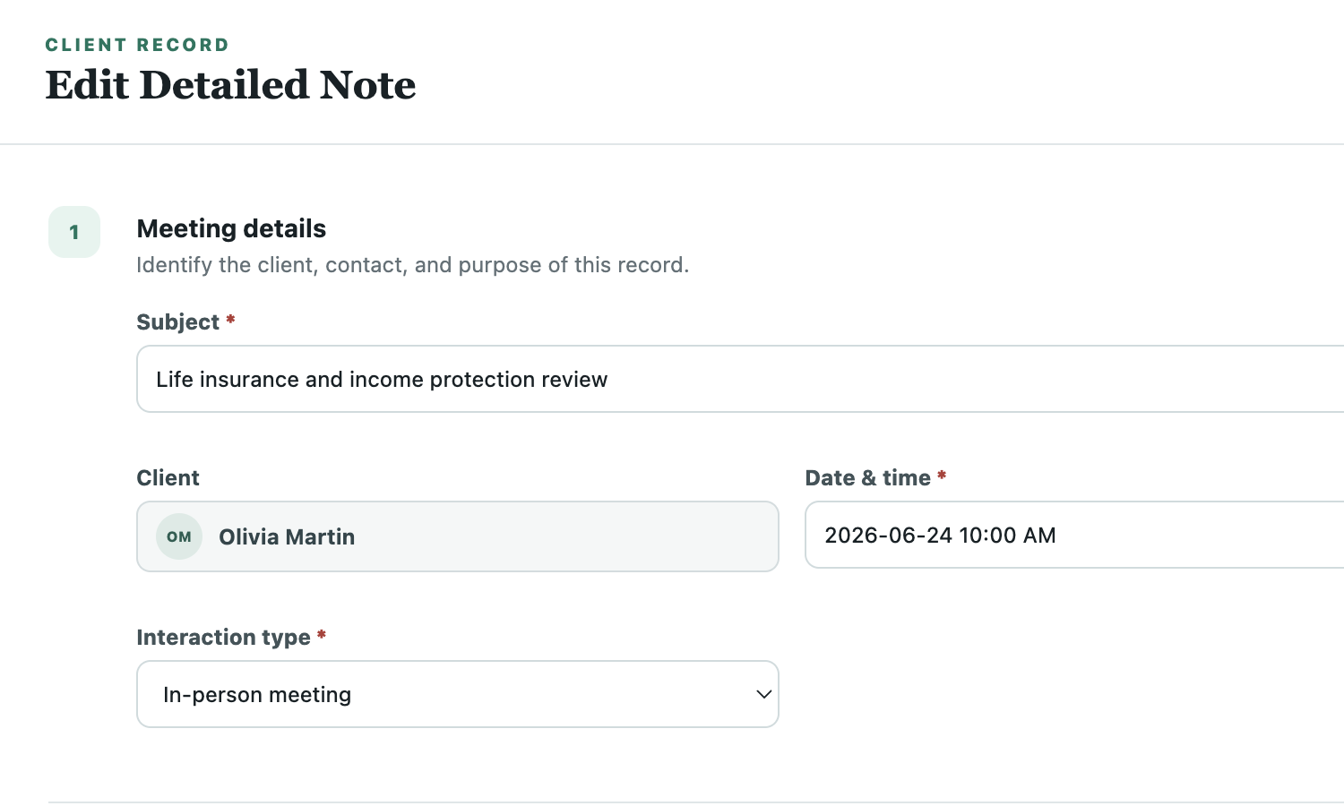 Detailed Note editor focused on meeting details and the opening of an analysis