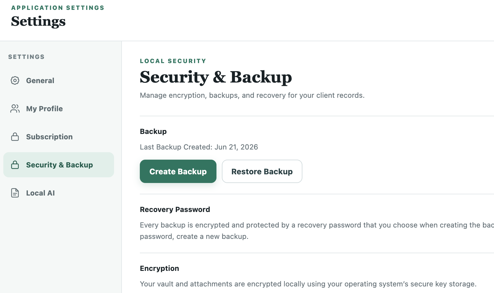 Focused Security and Backup settings showing backup, restore, recovery password, and local encryption